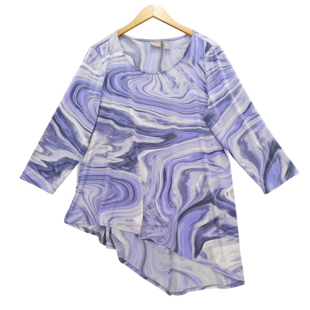 Chico's Tunic Top Sz 2‎ L Purple Grey Marble Print Asymmetrical Hem Long Sleeve